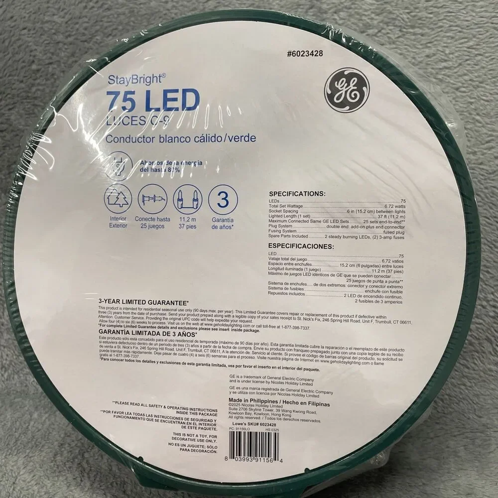 GE StayBright 75 COUNT DIAMOND CUT WARM WHITE C9 C-9 LED LIGHTS 37 FT CHRISTMAS